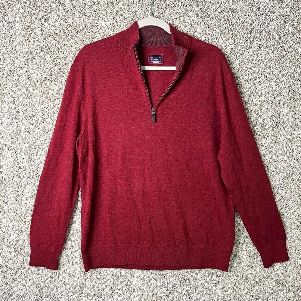 UNTUCKit Sweater Men's Large Belguardo Red Merino Wool Knit Quarter Zip Pullover